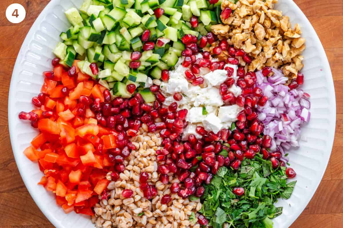 Salad ingredients in a bowl before being dressed