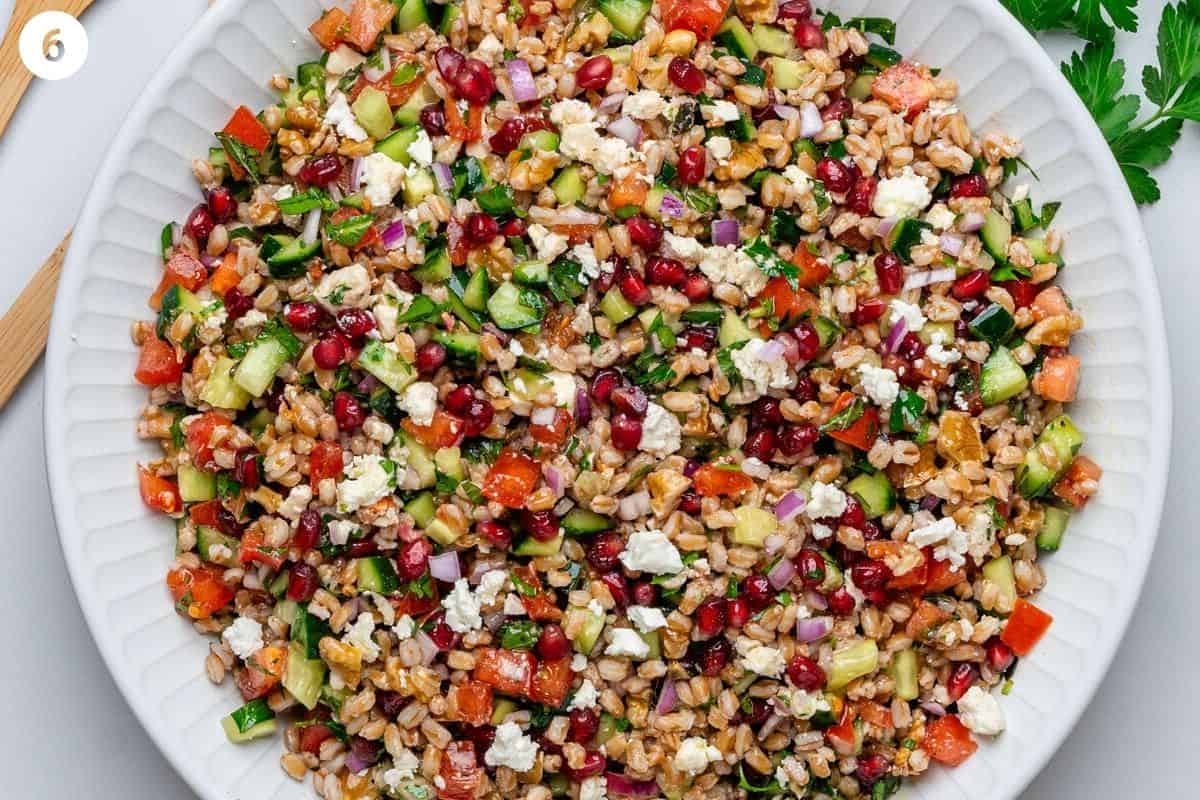 Final farro salad with dressing and mixed