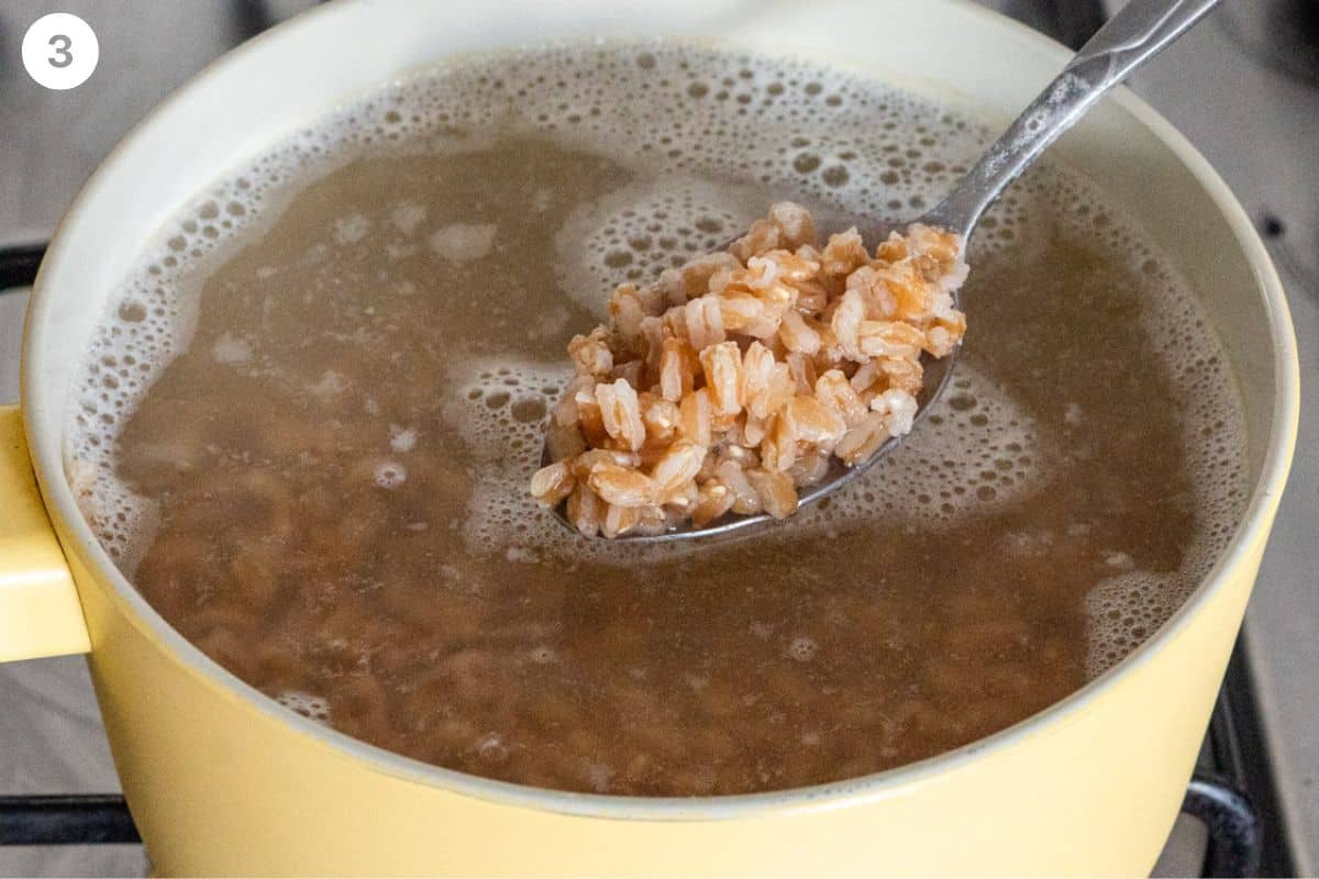 Spoon showing cooked farro in a pot
