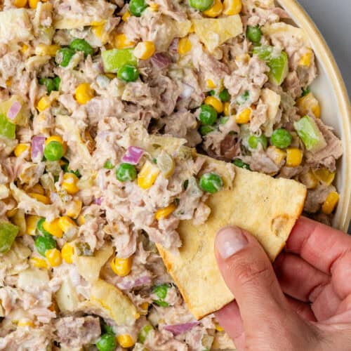 Matthew McConaughey Tuna Salad with a pita chip dipped in