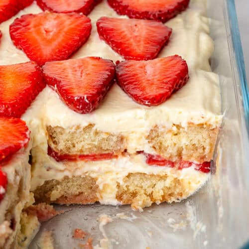 Close up of Strawberry Tiramisu in a tray with piece missing
