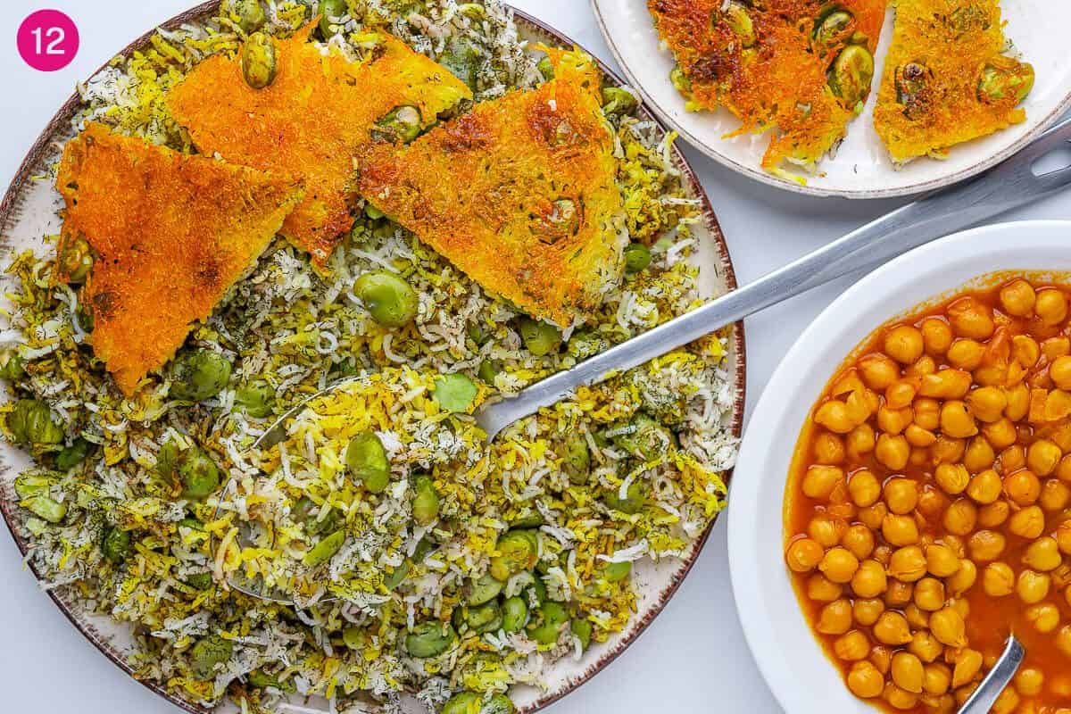 Baghali Polo on a plate with tahdig and chickpea stew on the side