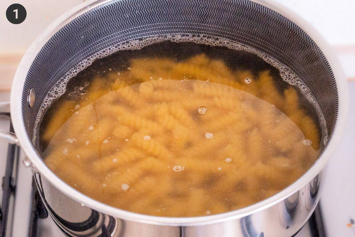 Pasta being boiled in a pot