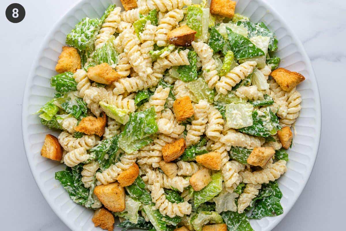 Salad mixed and croutons added on top