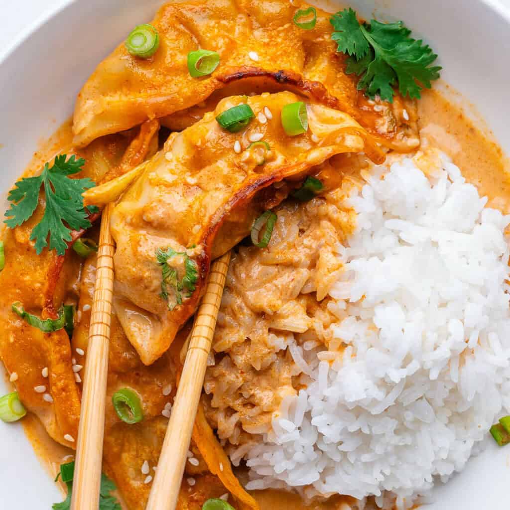 Dumpling bake with chopsticks picking up a dumpling in a bowl with rice