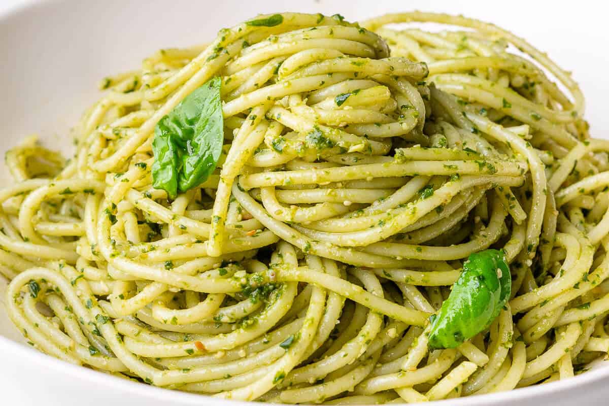 Pesto pasta served in a bowl