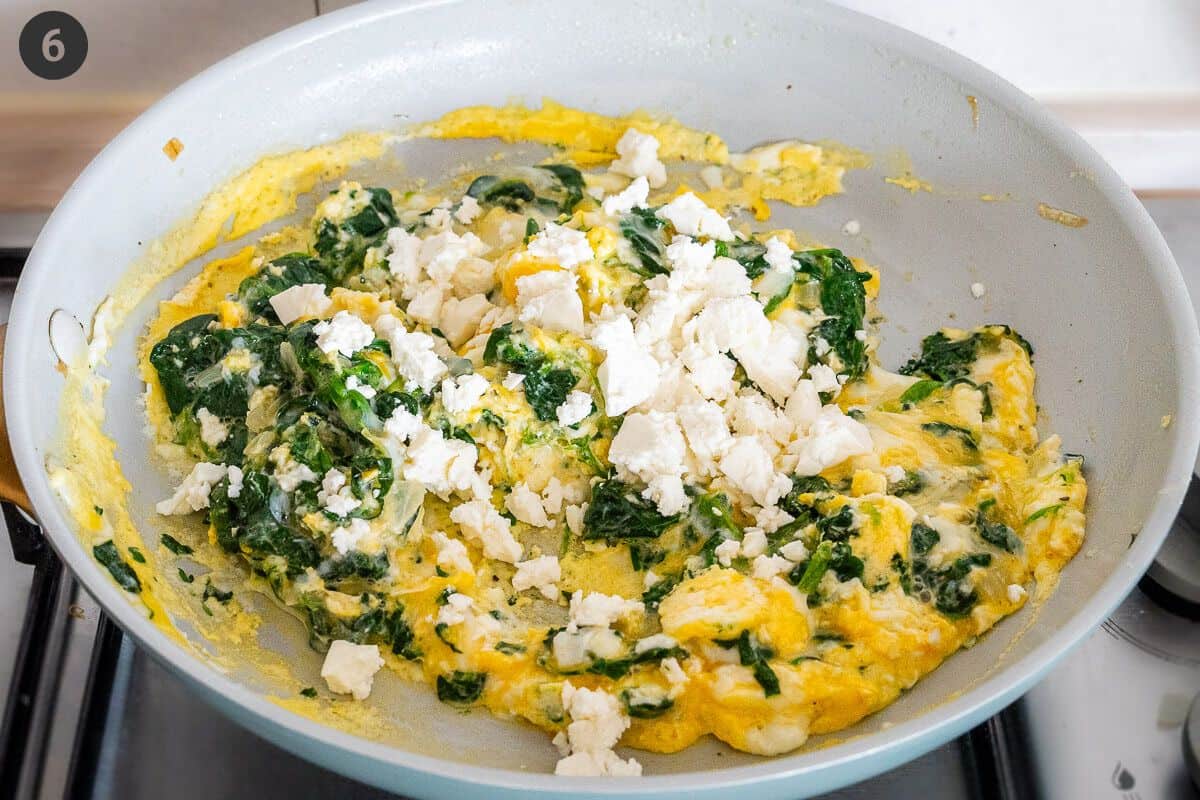 Feta cheese added to the scrambled eggs right at the end
