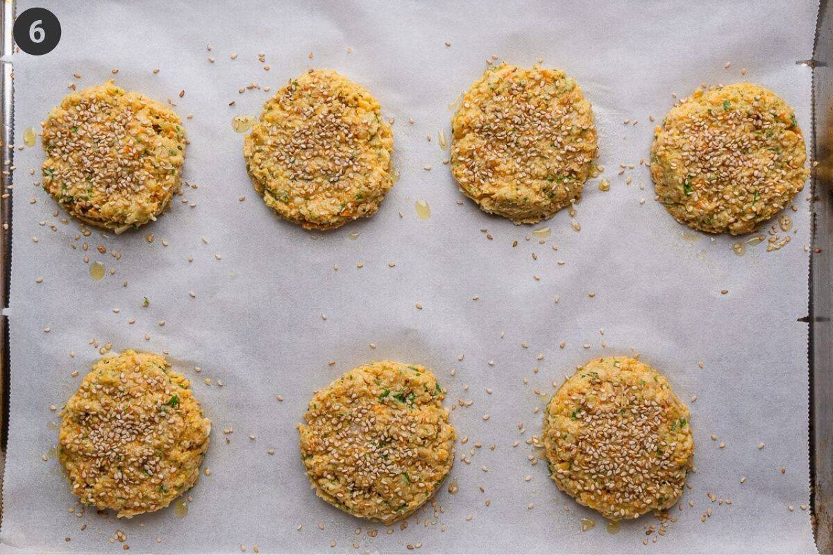 Sesame seeds added on top of each fritter