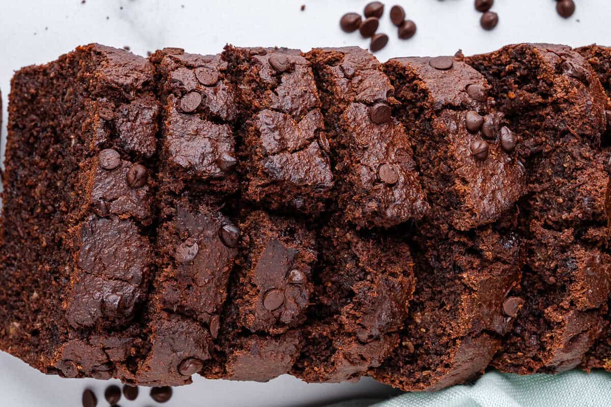 Close up of sliced chocolate banana bread