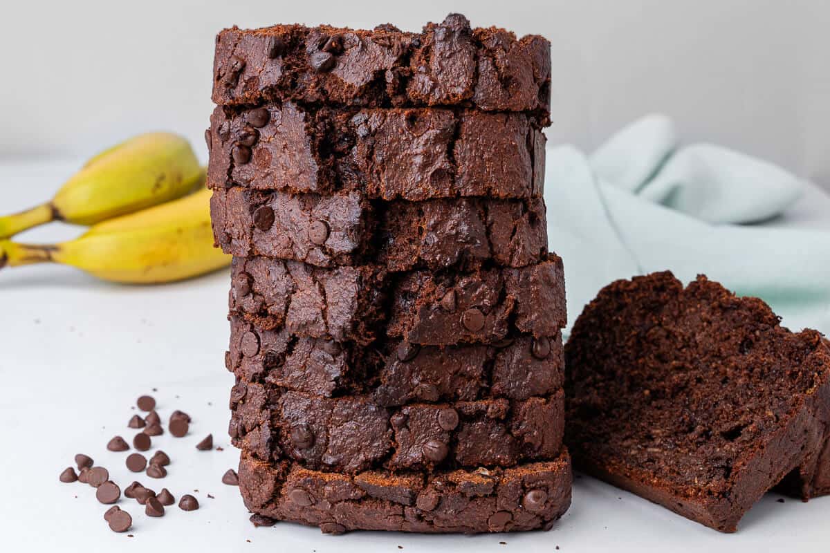 Stack of slices of chocolate banana bread