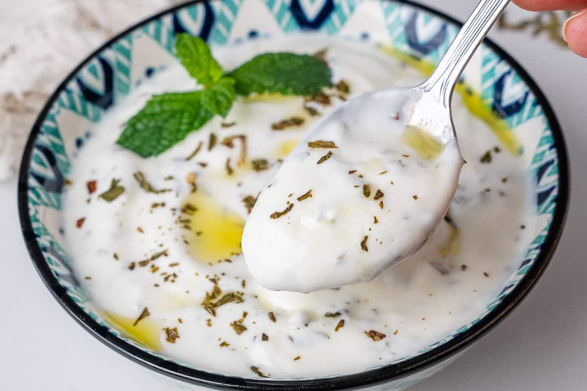 Spoon coming out of bowl of Greek yogurt sauce
