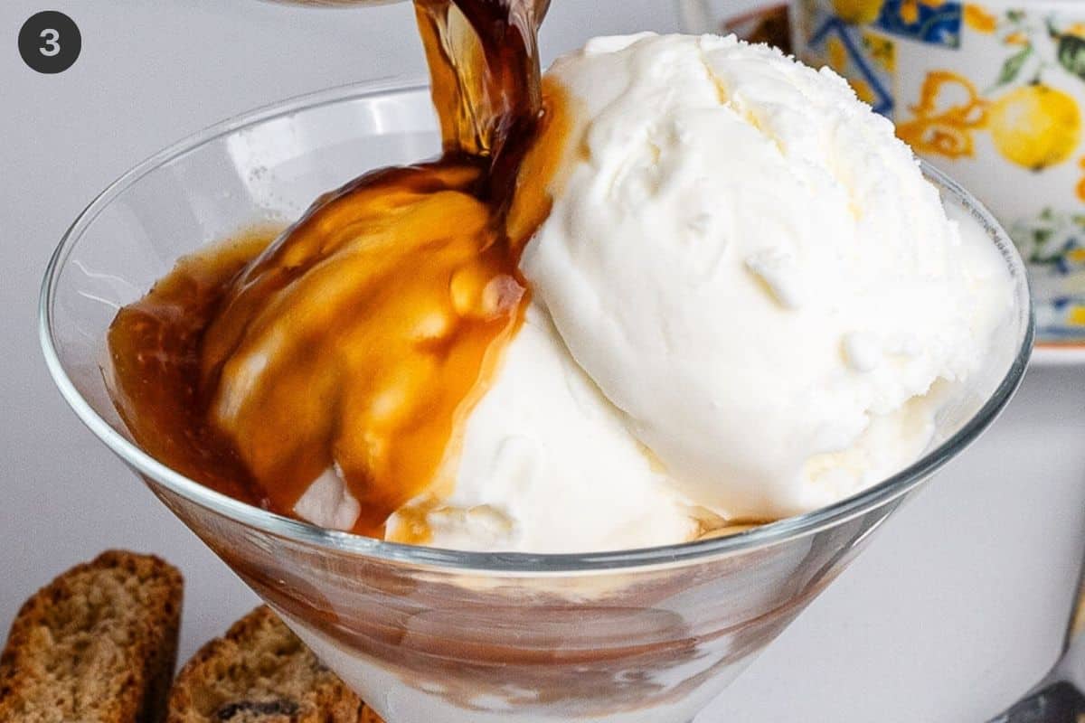 Final step of espresso coffee being poured onto gelato