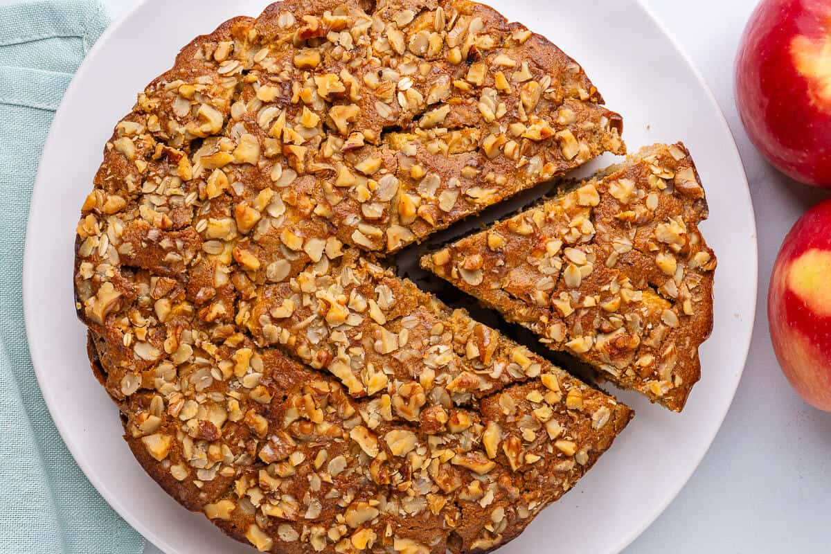 Apple cake with a piece cut out