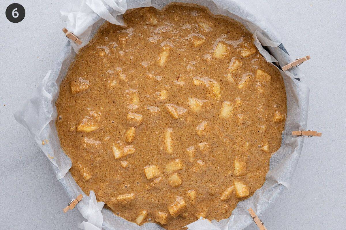 Batter added to a lined baking tin