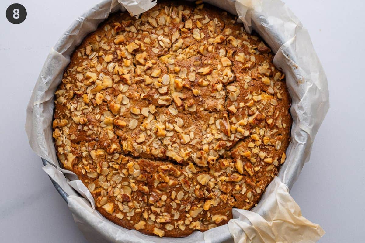 Cake straight out of the oven and resting in the cake tin