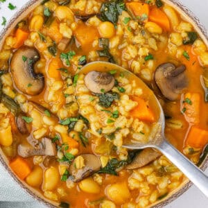 Spoon in a bowl of Barley Soup