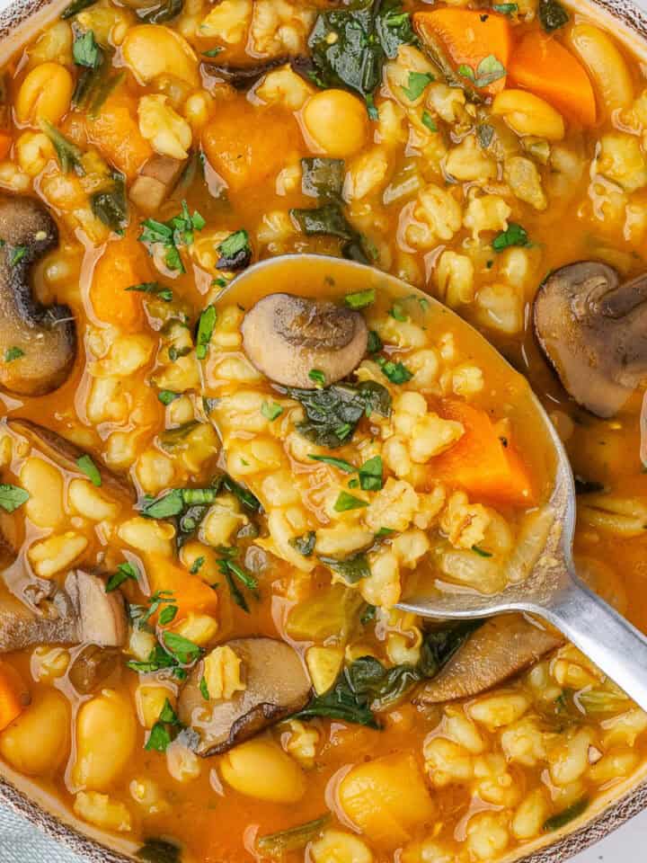 Spoon in a bowl of Barley Soup