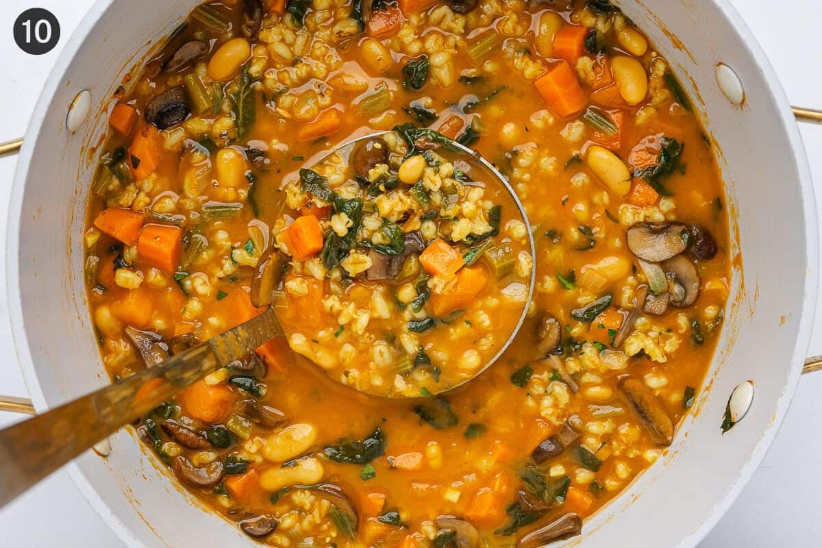 Final barley soup ready to serve with ladle coming out of the pot