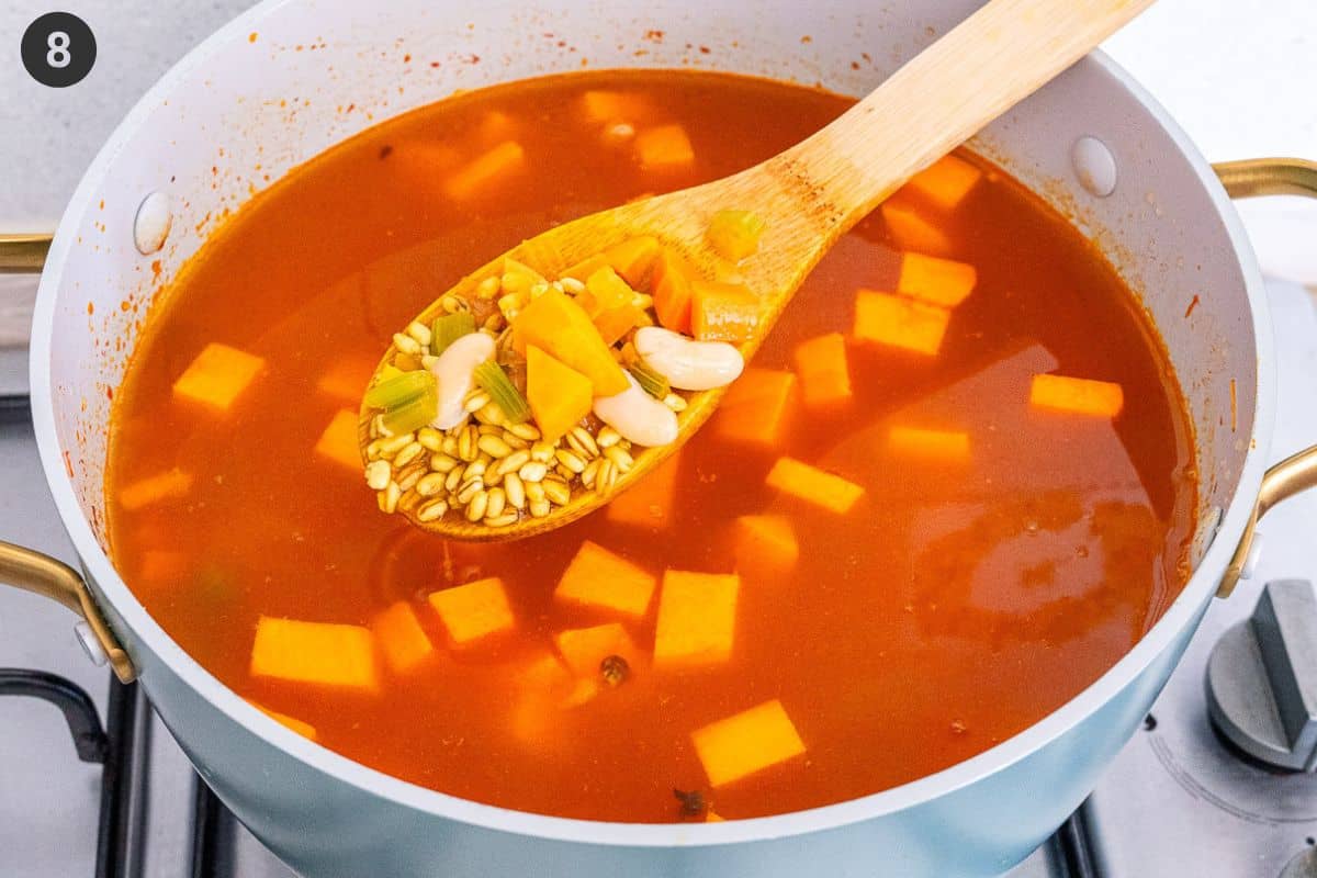 Spoon using texture of spoon after liquid added and being cooked for 30-45 minutes