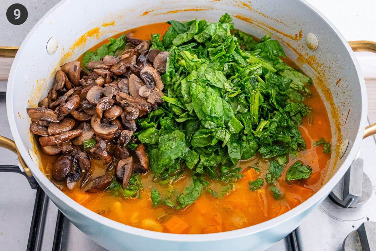 Mushrooms and spinach added to the pot at the end of the cook