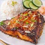 Miso salmon served with rice, cucumber and ginger