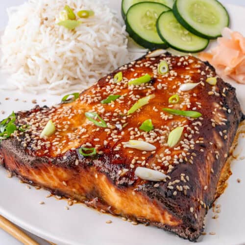 Miso salmon served with rice, cucumber and ginger