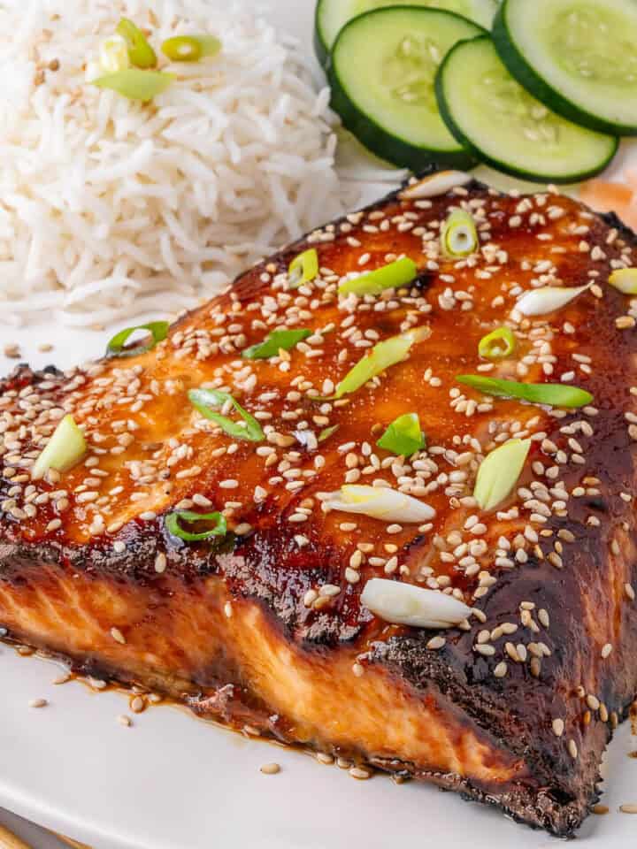 Miso salmon served with rice, cucumber and ginger