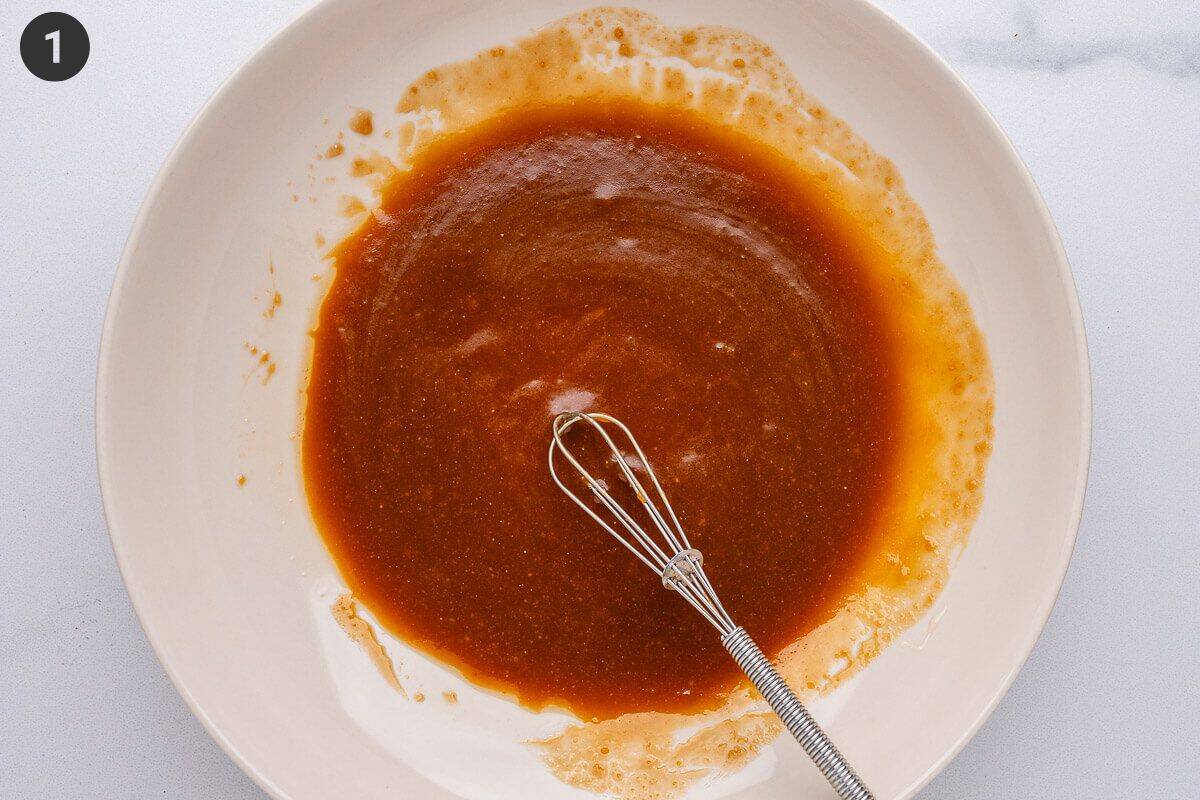 Wet ingredients whisked in a large bowl