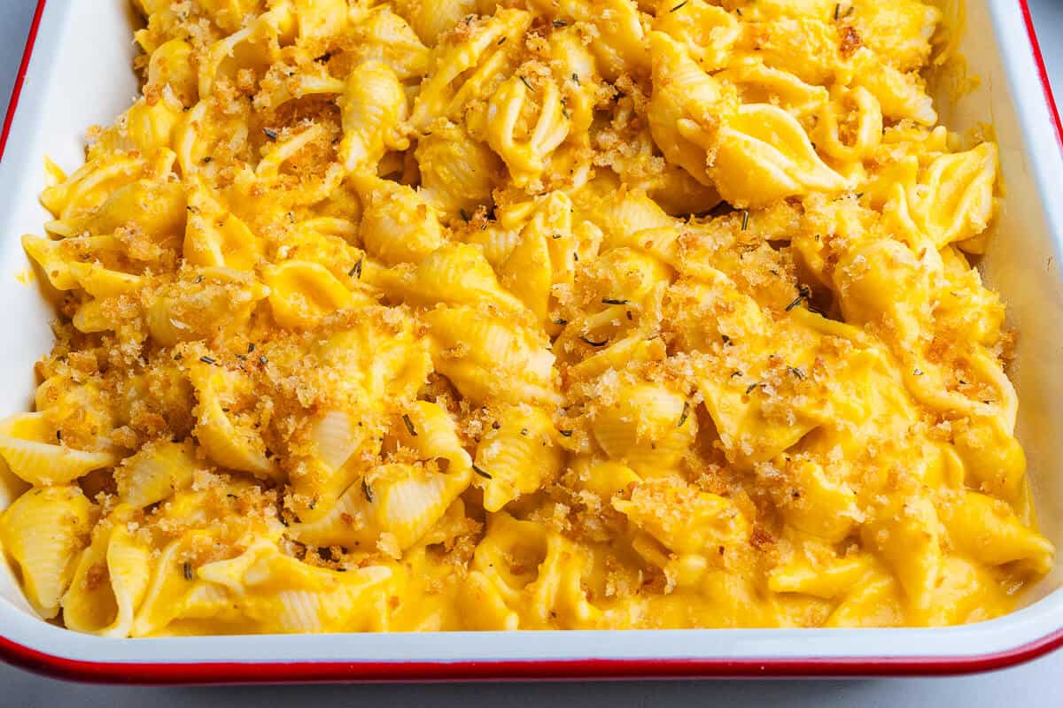Butternut squash pasta served in a baking tray with crispy rosemary pangrattato