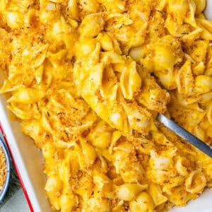 Spoon in a tray of butternut squash pasta