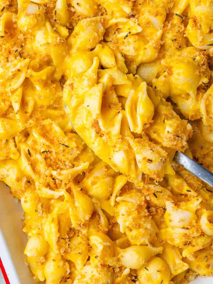 Spoon in a tray of butternut squash pasta