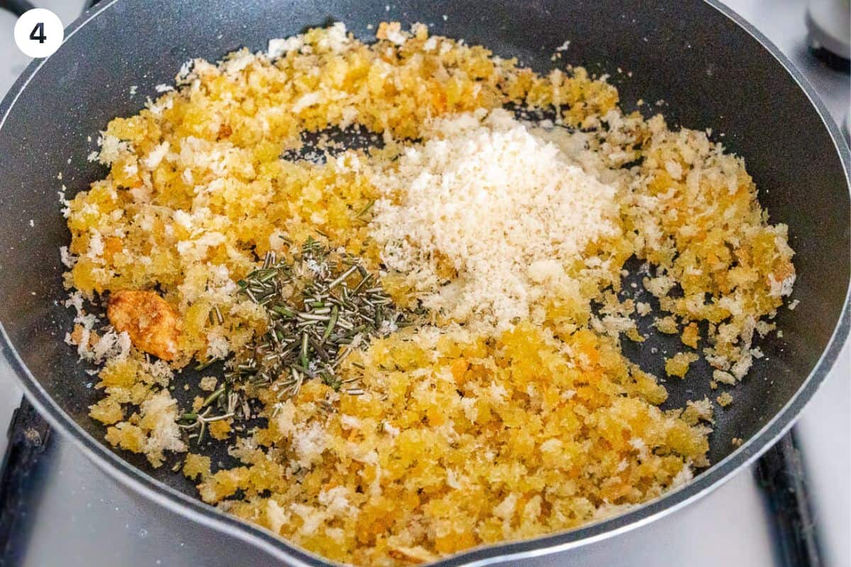 Pangrattato being sauteed in a small pan
