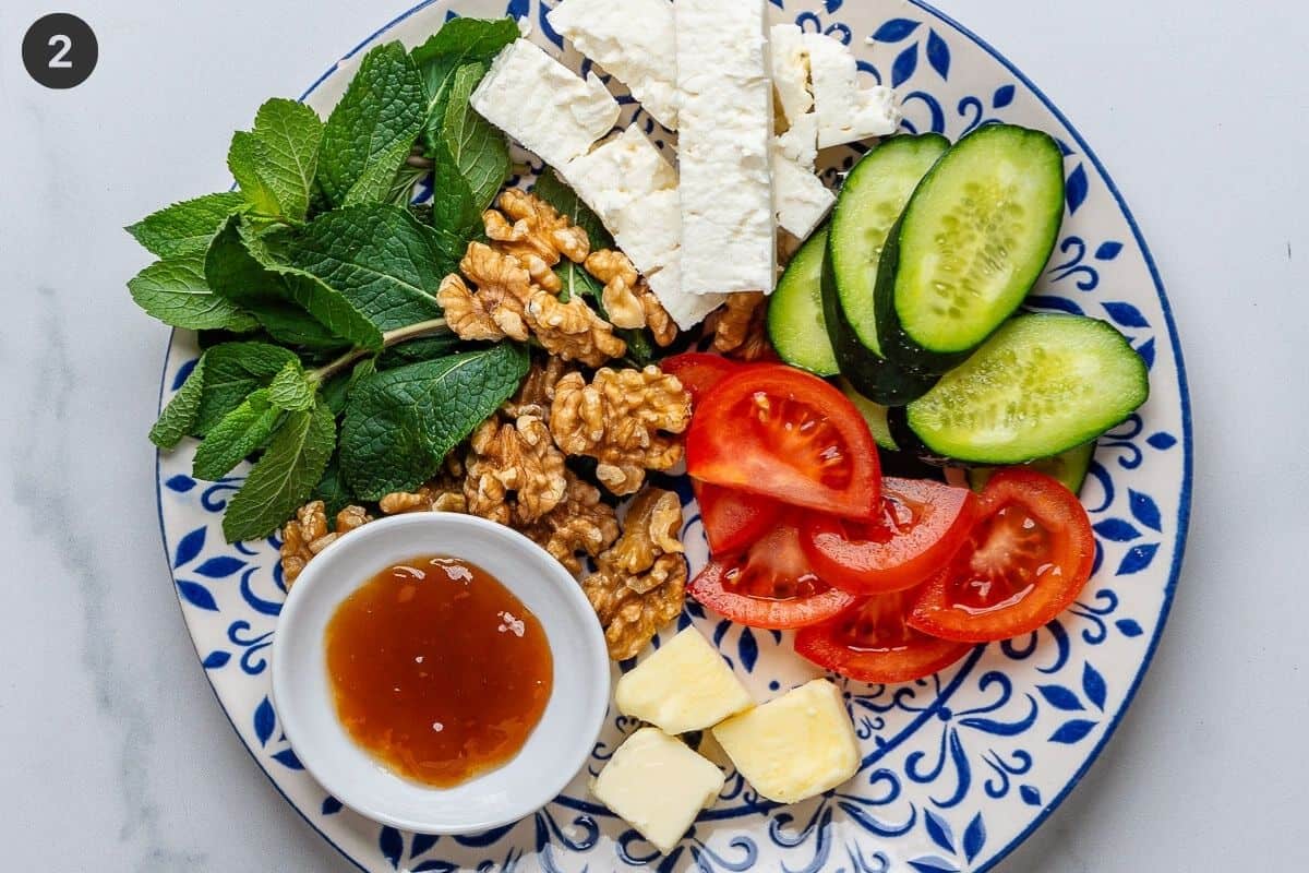 Assemble of ingredients in sections on a plate