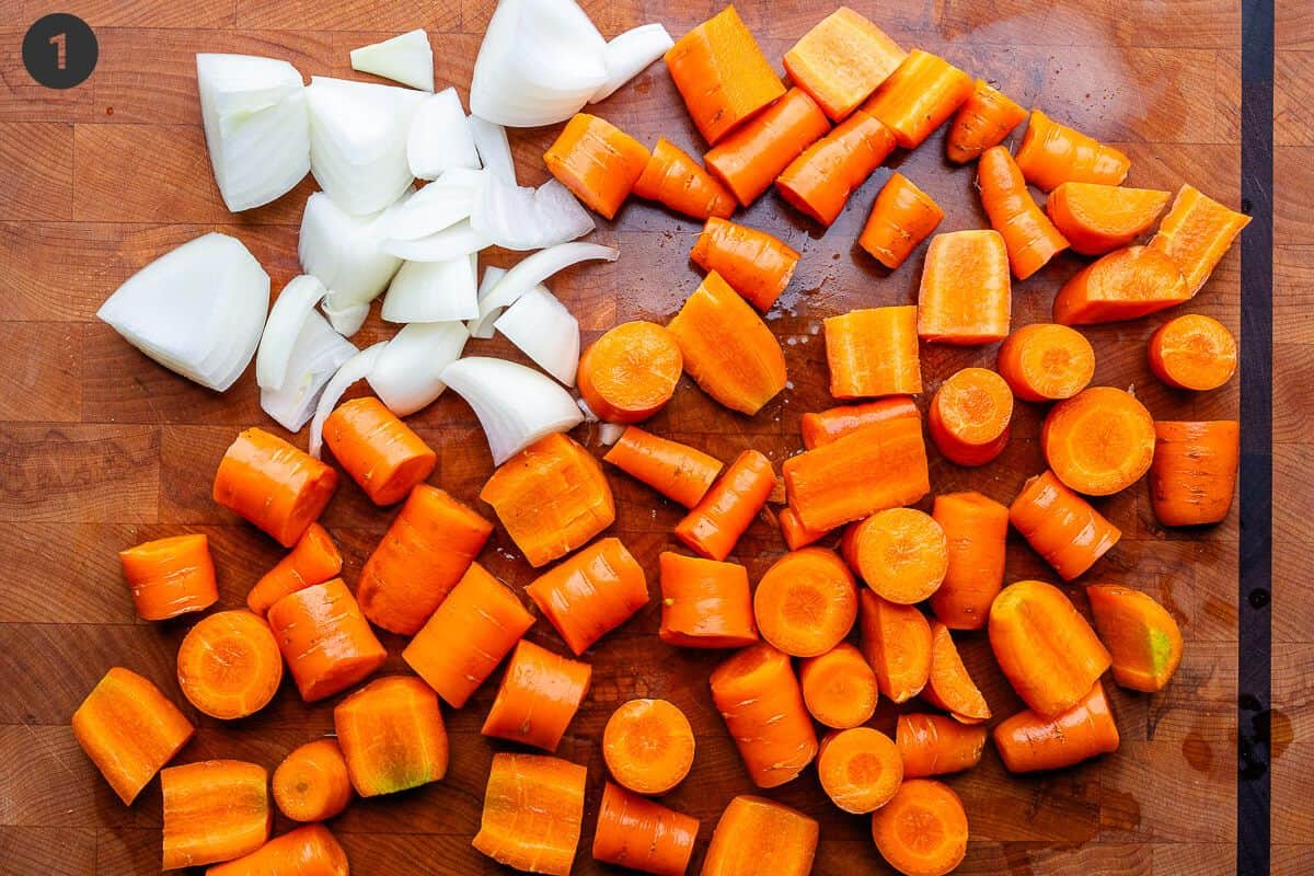 Carrots and onion chopped into chunks