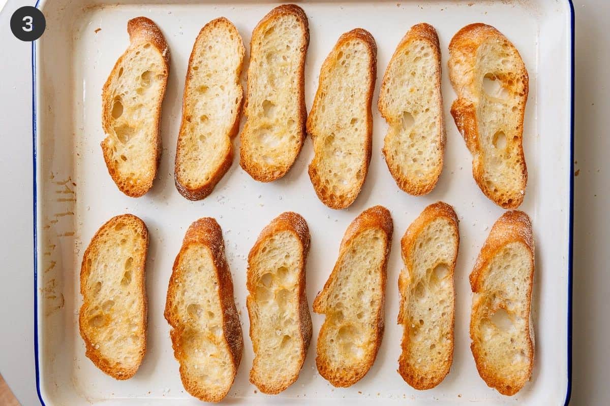 Crostini baked and straight out of the oven in a tray