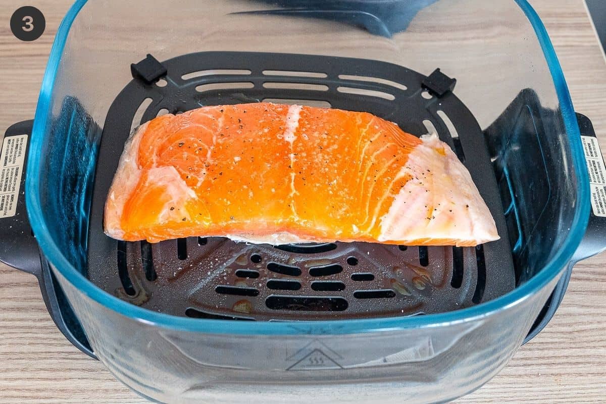 Salmon being cooked in the air fryer