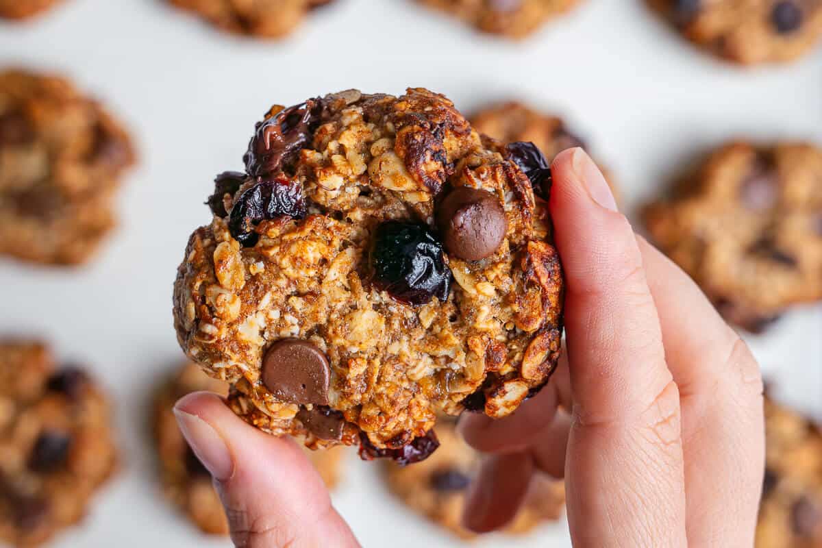 Close up of a cookie being held up by hand