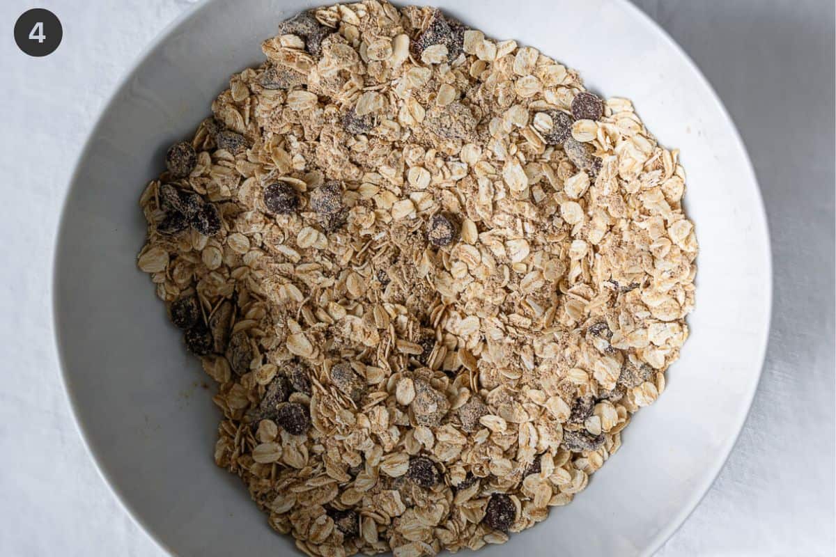 Choc chips and cranberries added to dry ingredient bowl