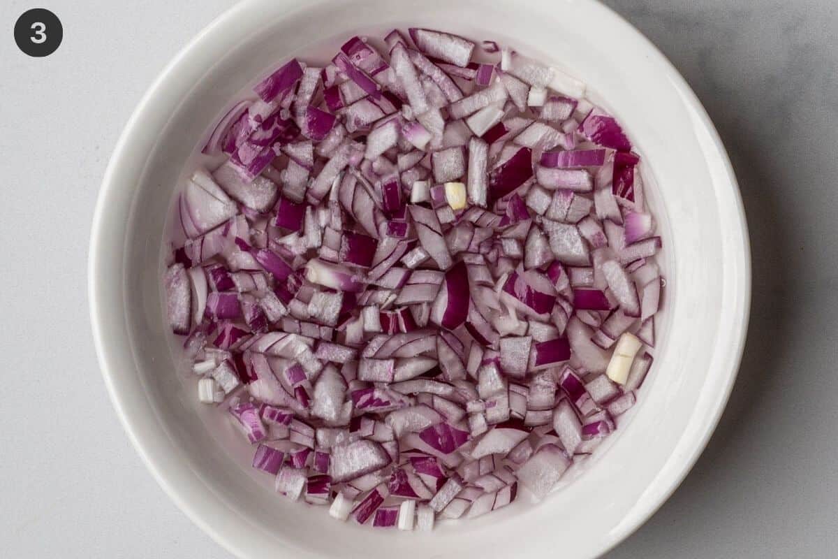 Chopped onion being soaked in water