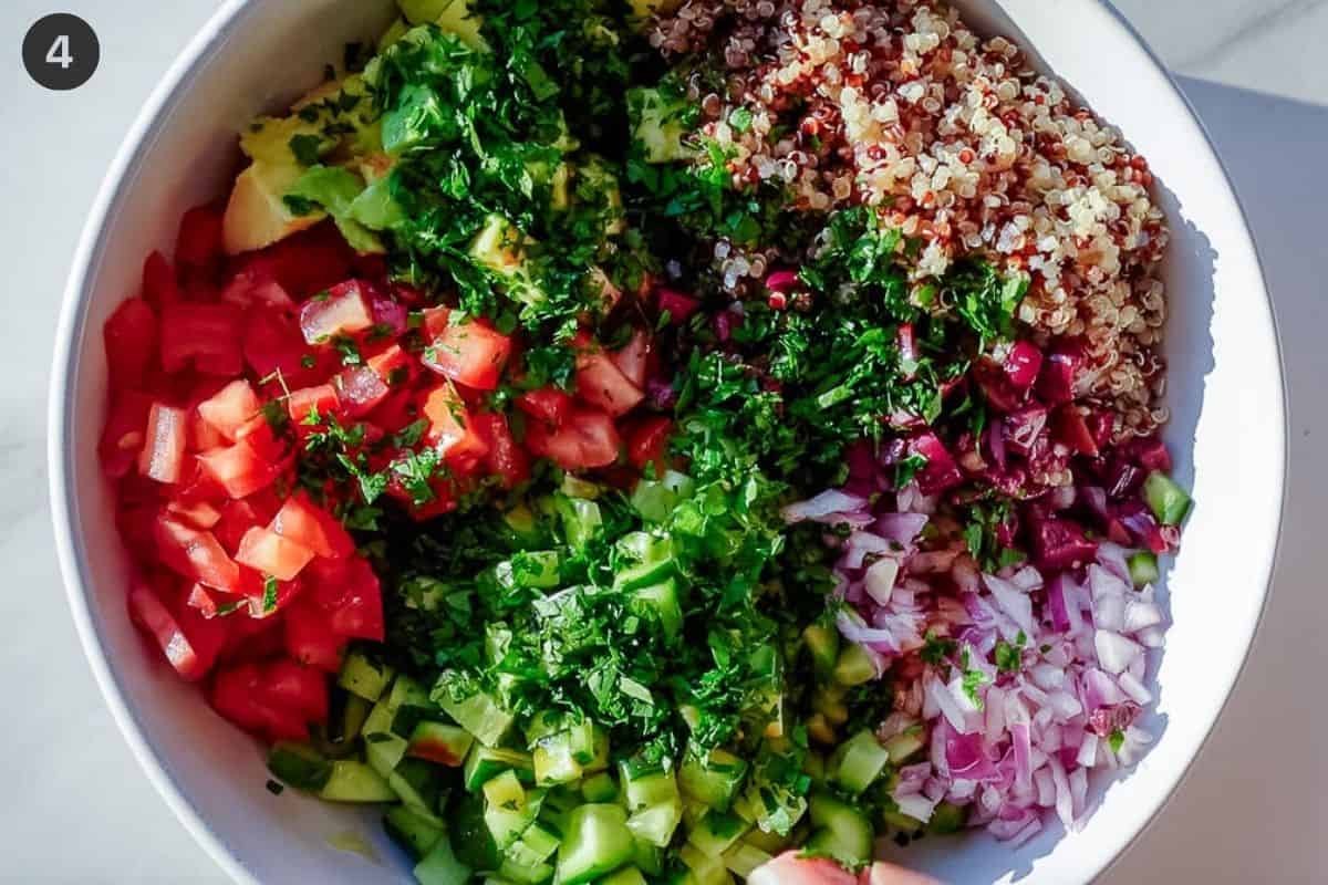 Prepared ingredients in a bowl before dressing added