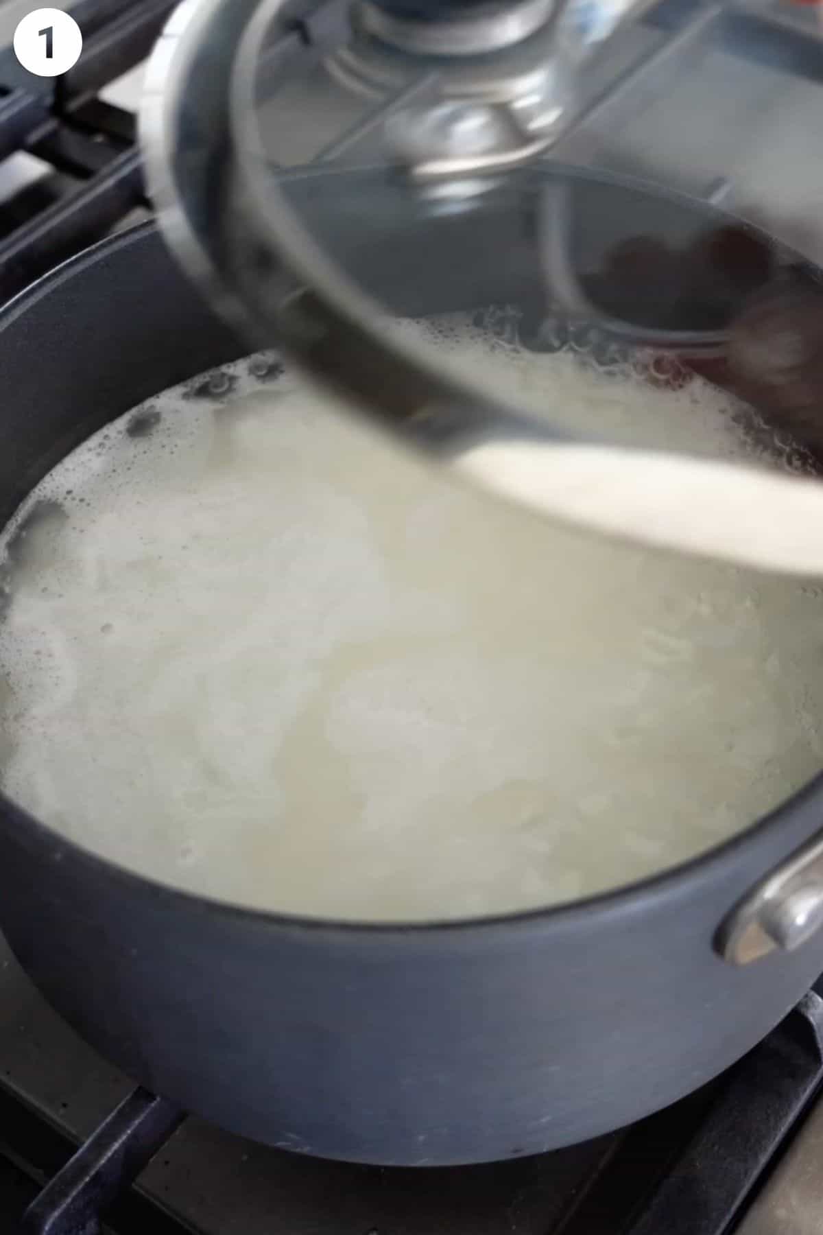 Rice being cooked in a pot