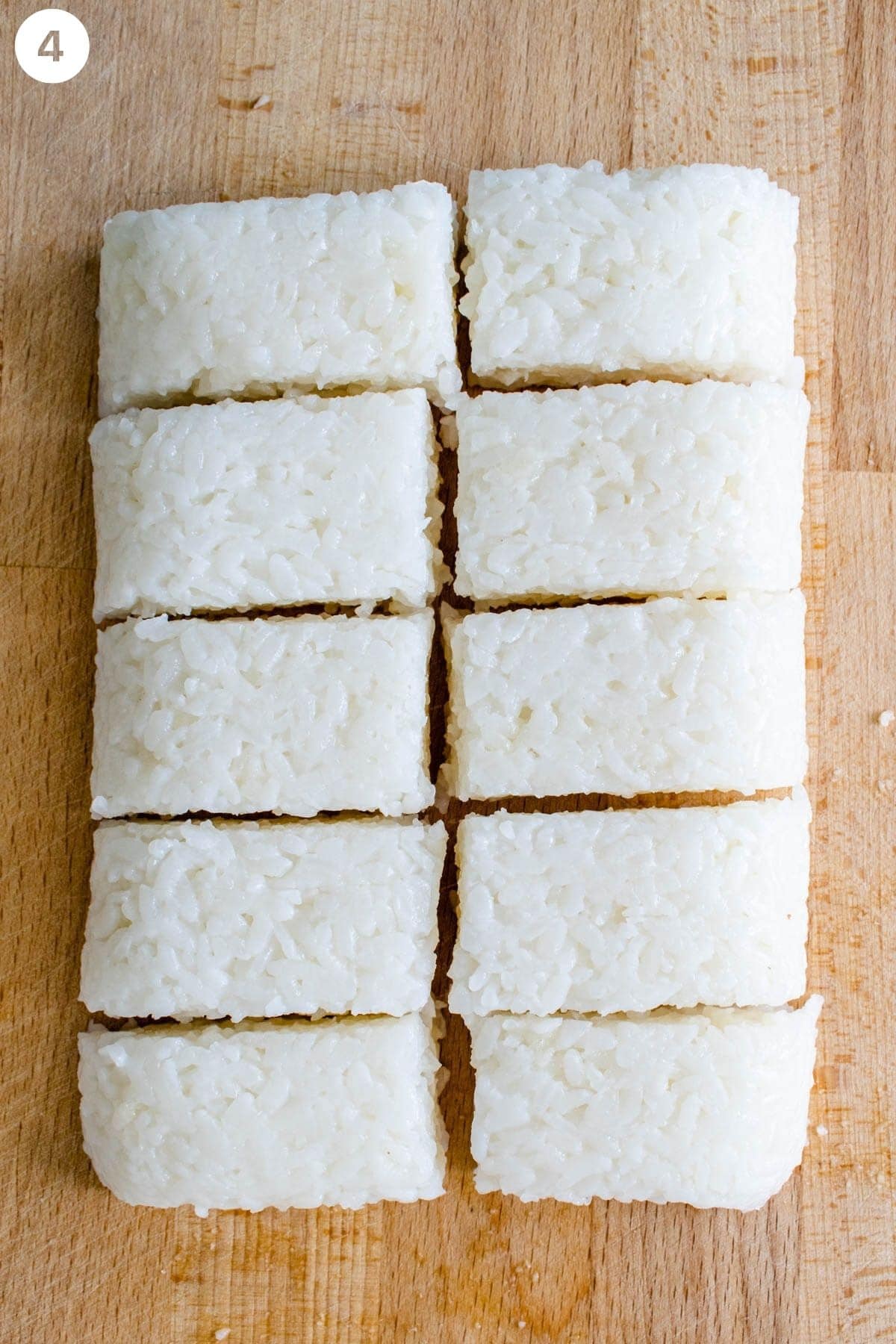 Rice cut into similar size rectangles pieces