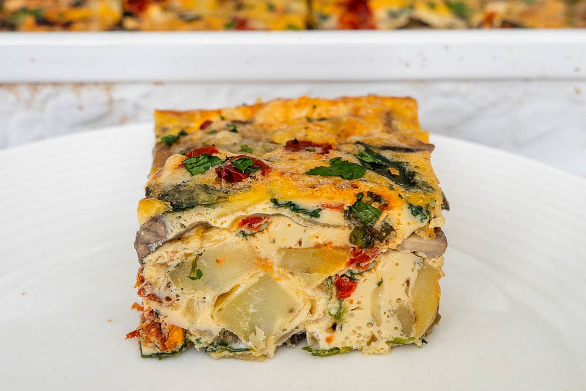 Inside look of a piece of breakfast casserole
