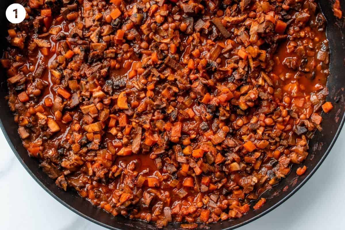 Cooked vegan bolognese sauce in a large pan