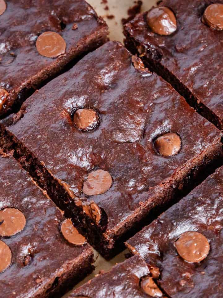 Sweet Potato Brownies sliced with choc chips on top