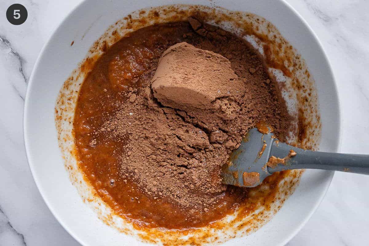 Cacao powder and salt mixed into batter with a spatula