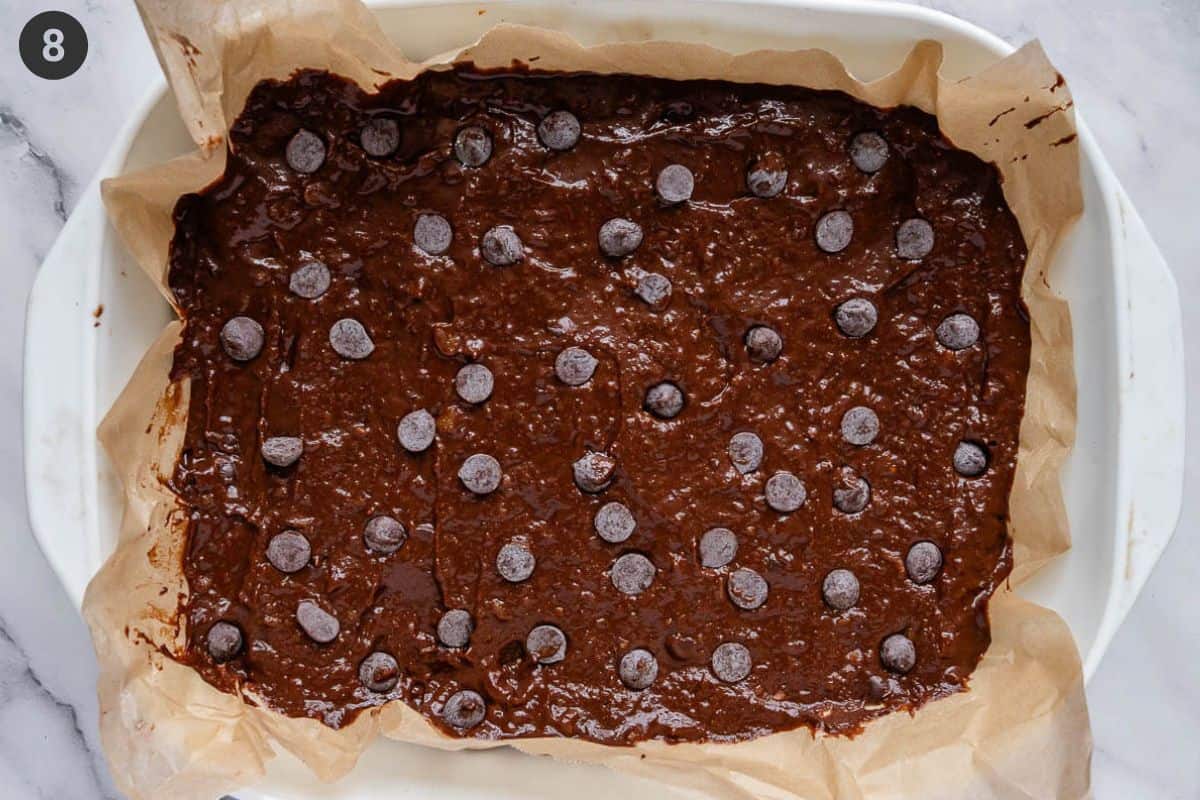 Choc chips sprinkled on top of batter