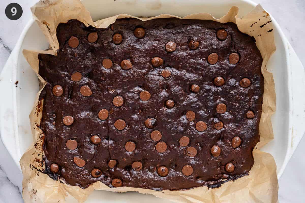 Baked sweet potato brownie cooling in oven tray