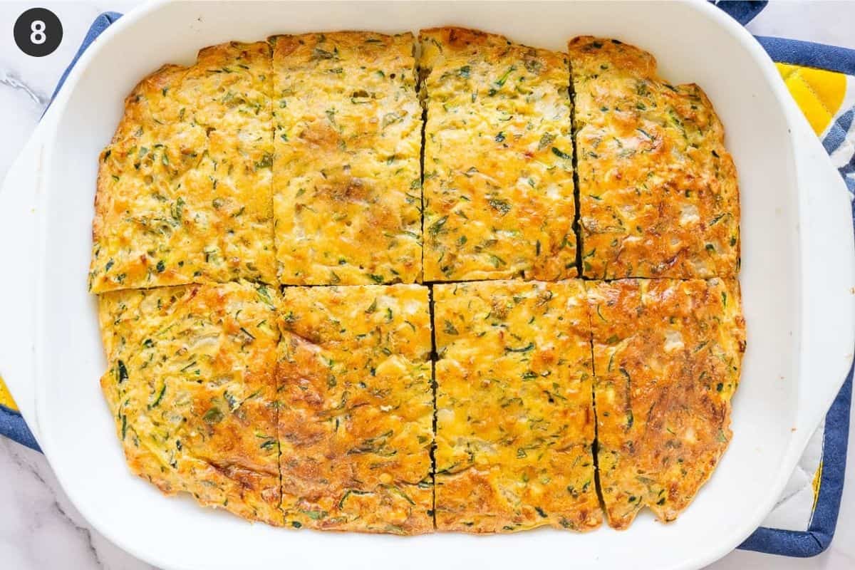 Zucchini bake sliced into 8 pieces