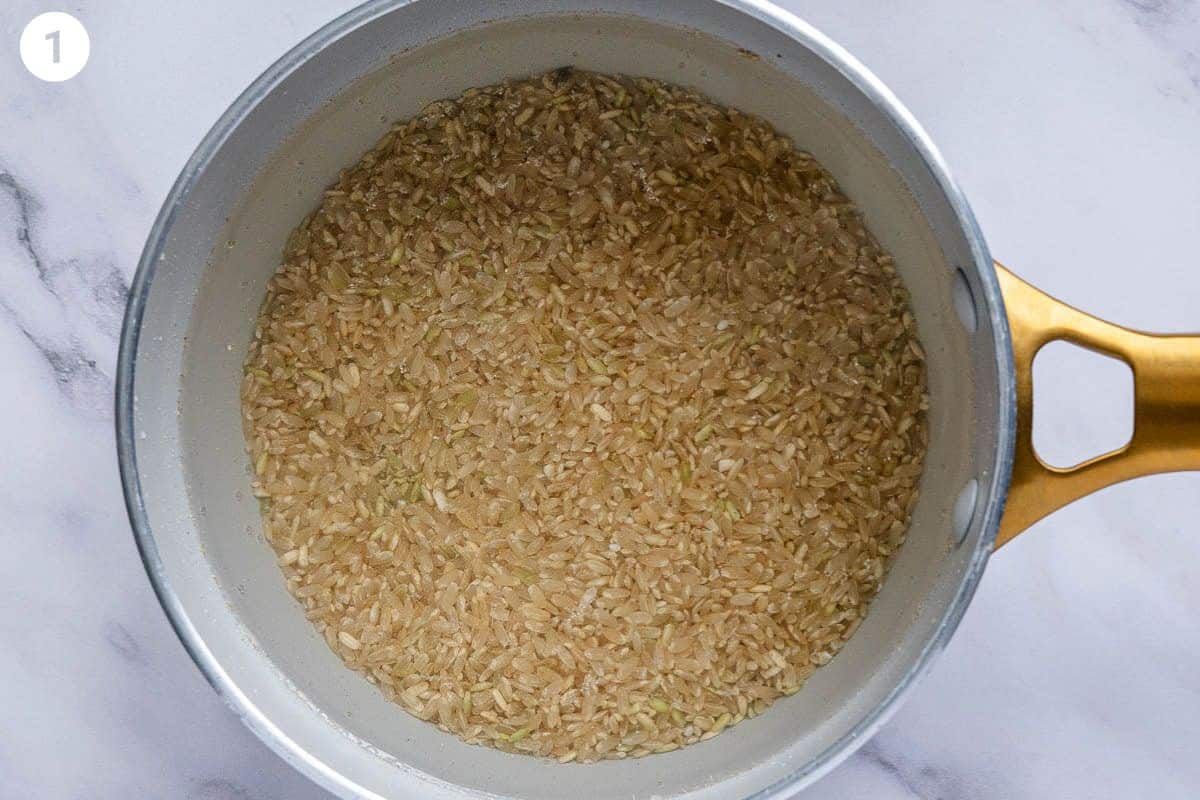 Brown rice in a pot soaked in water